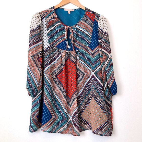 NEW NWT GIBSON LATIMER Blue Red Scarf Print Boho Peasant 3/4 Sleeve Blouse Small - Picture 1 of 6